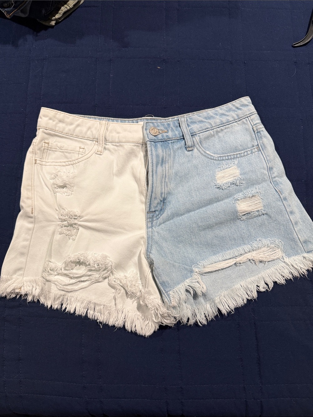 Dual-Tone Distressed Denim Shorts - White & Light Blue